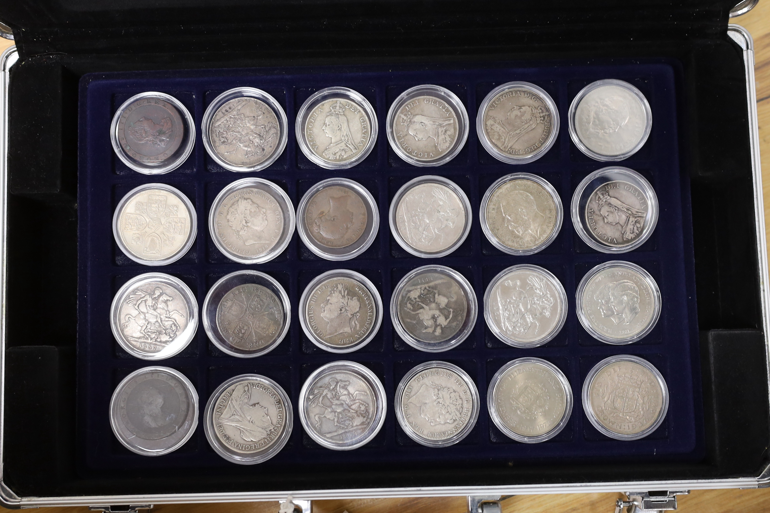 UK coins, a case of George III to Queen Elizabeth II silver crowns, halfcrowns, florins, shillings etc